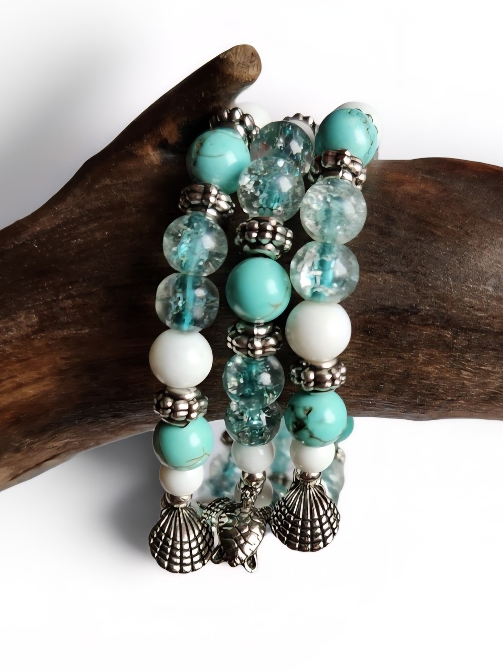 Turquoise & White Beaded Charm Bracelet Set With Sea Turtle And Shell Charms